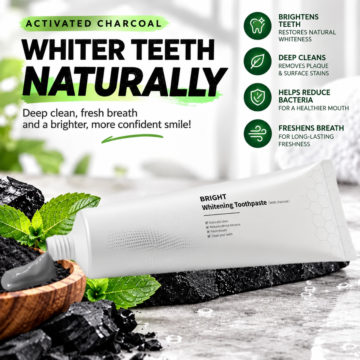 🔥 Buy 1 get 1 free Activated Charcoal Toothpaste - Fluoride-Free, Daily Oral Care, Coffee & Tea Stain Removal, Fresh Mint Flavor, Gentle Formula