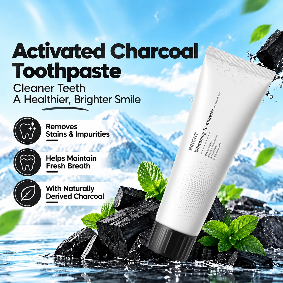 🔥 Buy 1 get 1 free Activated Charcoal Toothpaste - Fluoride-Free, Daily Oral Care, Coffee & Tea Stain Removal, Fresh Mint Flavor, Gentle Formula