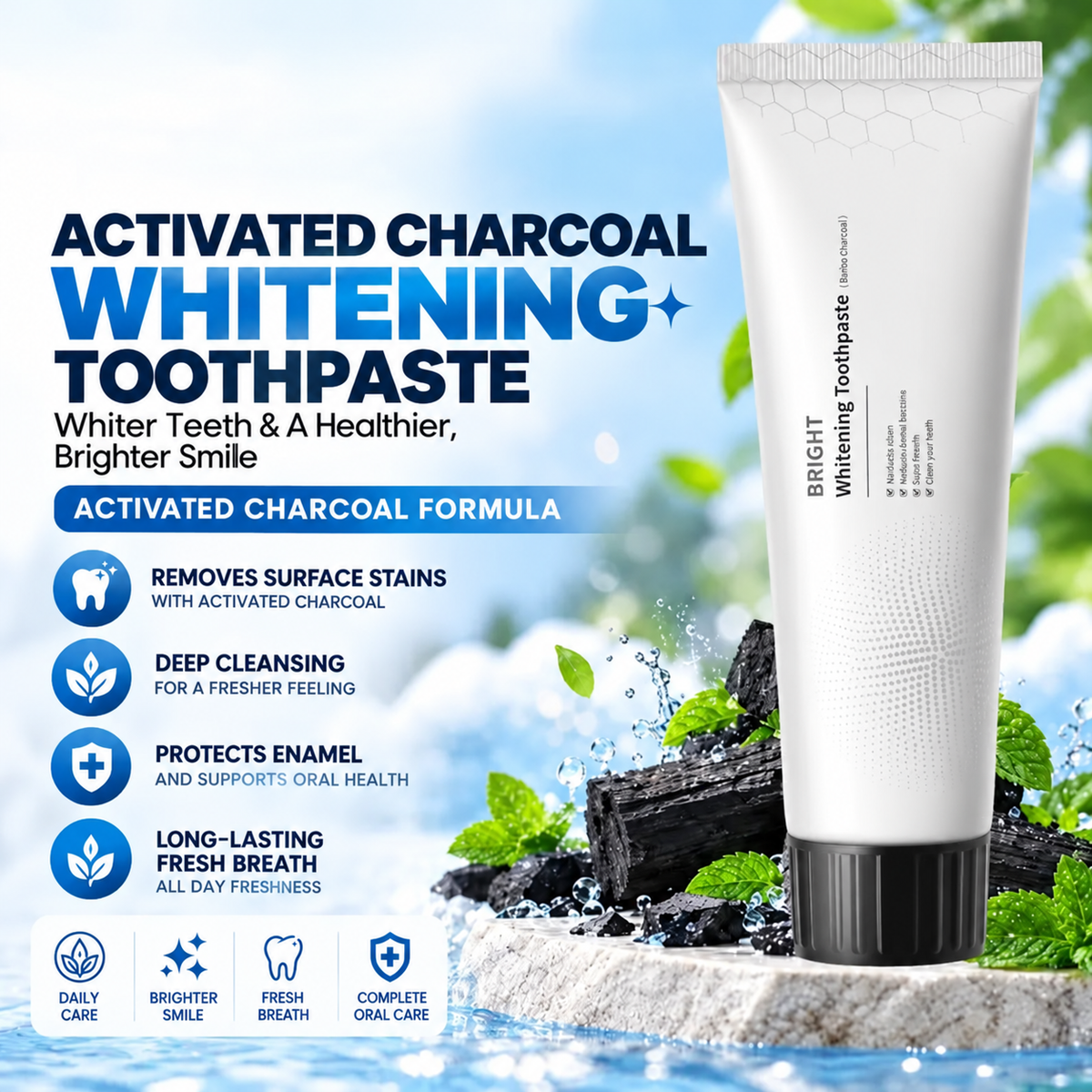 🔥 Buy 1 get 1 free Activated Charcoal Toothpaste - Fluoride-Free, Daily Oral Care, Coffee & Tea Stain Removal, Fresh Mint Flavor, Gentle Formula